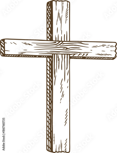 Wooden cross illustration with hand drawn texture and rustic religious symbol