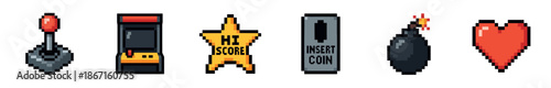 Pixel art video game icons set featuring a joystick, arcade machine, high score star, coin slot, bomb, and heart in a classic 8-bit retro gaming style for digital design