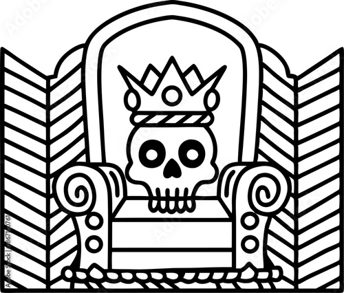 Skull with crown sitting on ornate throne chair with decorative wings
