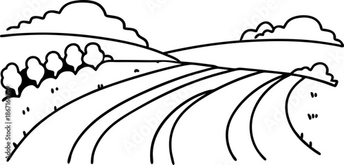 Curved rural road through fields with trees and clouds in a simple black and white line art