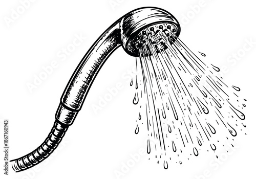 Hand drawn illustration of a shower head depicting water spraying for hygiene and refreshment