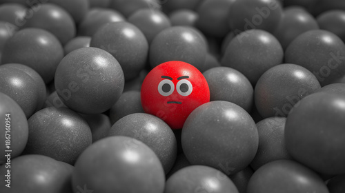 Red Angry Face Ball Standing Out Among Gray Spheres, Concept of Individuality, Stress, Conflict, Emotional Expression and Standing Out from the Crowd