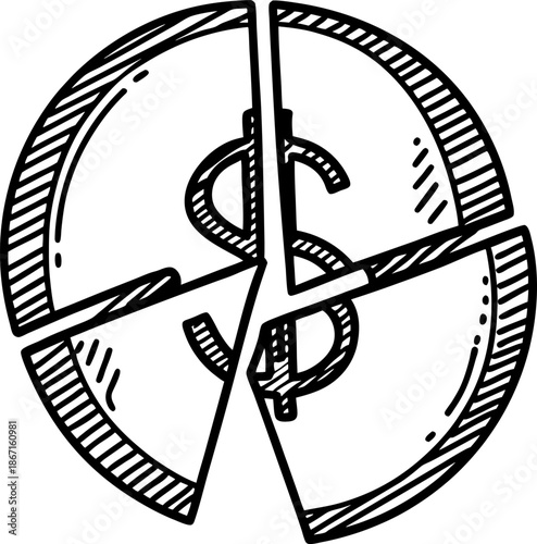 Broken coin with dollar symbol fragmented currency illustration representing financial loss or division