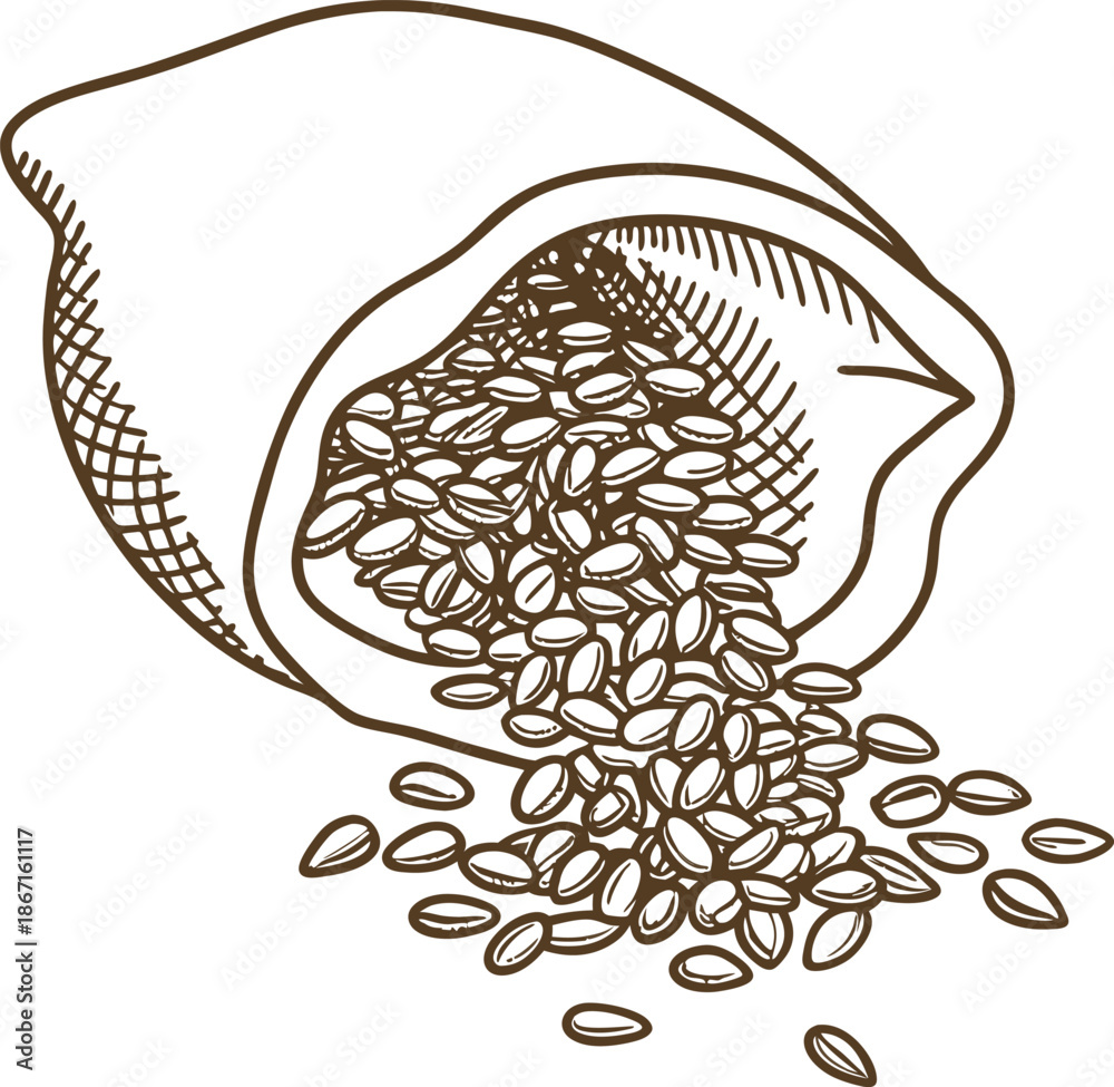 Fototapeta premium Burlap sack spilling grains raw cereal seeds overflowing from sack agriculture and harvest concept