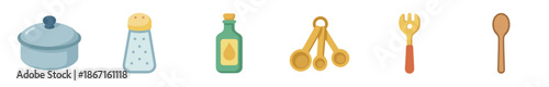Colorful set of kitchen utensil icons including a pot, shaker, oil bottle, measuring spoons, fork, and wooden spoon, presented in a simple flat design style for culinary concepts