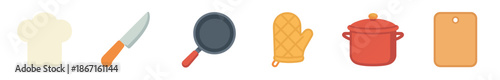 Colorful kitchen and cooking equipment icons set including a chef hat, knife, frying pan, oven mitt, pot, and cutting board in a simple flat vector illustration style