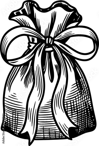 Drawn gift bag tied with a large decorative ribbon bow, vintage illustration