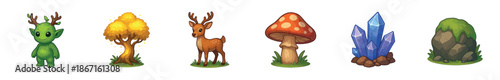 Set of cute illustrated fantasy forest elements featuring a green spirit, golden tree, young deer, spotted mushroom, blue crystal, and a mossy rock for game design