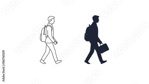 Set of two male student or traveler walking with backpack and briefcase icons outline, silhouette and flat design style