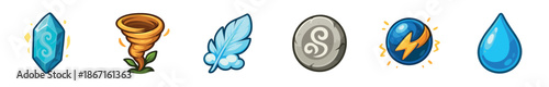 Collection of six cartoon elemental icons for a fantasy game, featuring a magic crystal, wind tornado, air feather, earth stone, lightning orb, and a shiny water drop