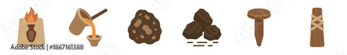 Set of six flat vector icons depicting ancient metallurgy processes from the Bronze Age, including smelting ore, pouring molten metal, and forging a primitive nail and tool