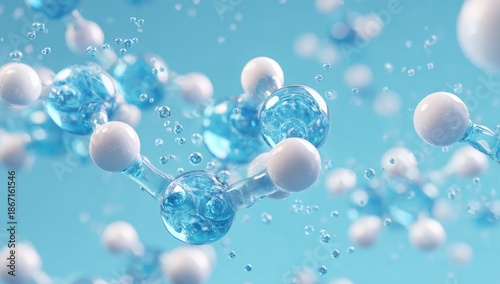 3D rendering of molecular structures with white spheres and transparent, blue connections