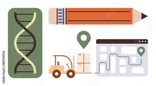 Logistics, science, technology, data analytics, mapping, delivery services. DNA helix, pencil forklift map with routing on a browser interface. Logistics and technology concepts