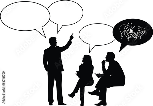 Silhouette of a business meeting showing a presenter pointing while two seated listeners have tangled messy thoughts represented by scribbles inside their speech bubbles