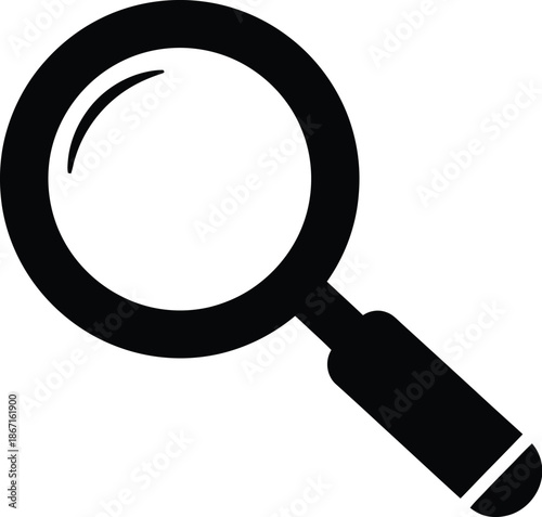 Simple black and white vector icon depicting a classic magnifying glass symbol used universally for search functions data exploration and detailed visual inspection tasks in digital interfaces