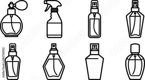 Black and white line art illustrations of various perfume and spray bottles in different shapes and sizes  simple icons