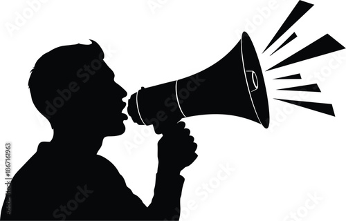 Silhouette of a man using a megaphone to amplify his voice against a stark white background representing a powerful announcement or protest action