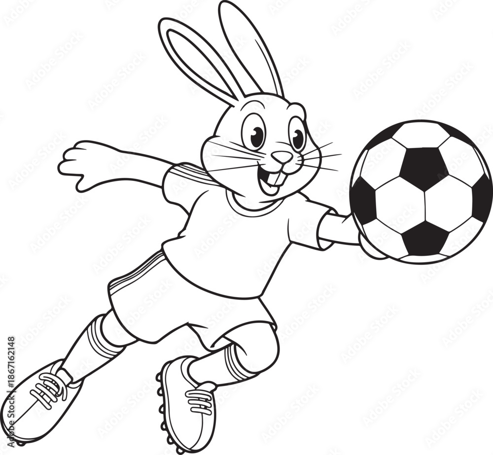 Obraz premium Sporty Easter Bunny Playing Soccer Cartoon Line Art