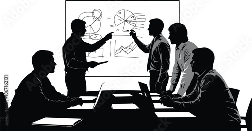 Business professionals collaborating intently around a table while two colleagues present complex data charts and analysis on a whiteboard during a serious corporate strategy meeting