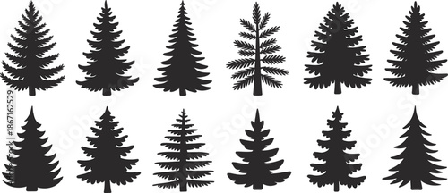 Cartoon conifer tree silhouette icon set with diverse branching styles and foliage shapes for forest, nature, and landscape themes.