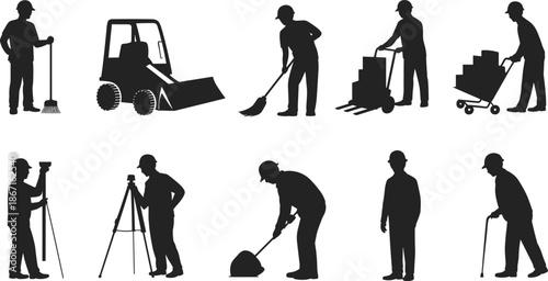 Cartoon construction and industrial worker silhouette set with tools, vehicles, and gear for labor, logistics, and surveying themes.