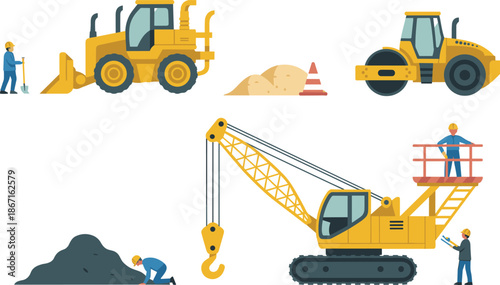 Cartoon construction site illustration with workers, vehicles, and equipment for building, excavation, and industrial labor themes.