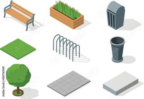 Isometric urban park element icon set with benches, bins, trees, and surfaces for outdoor design and planning themes.