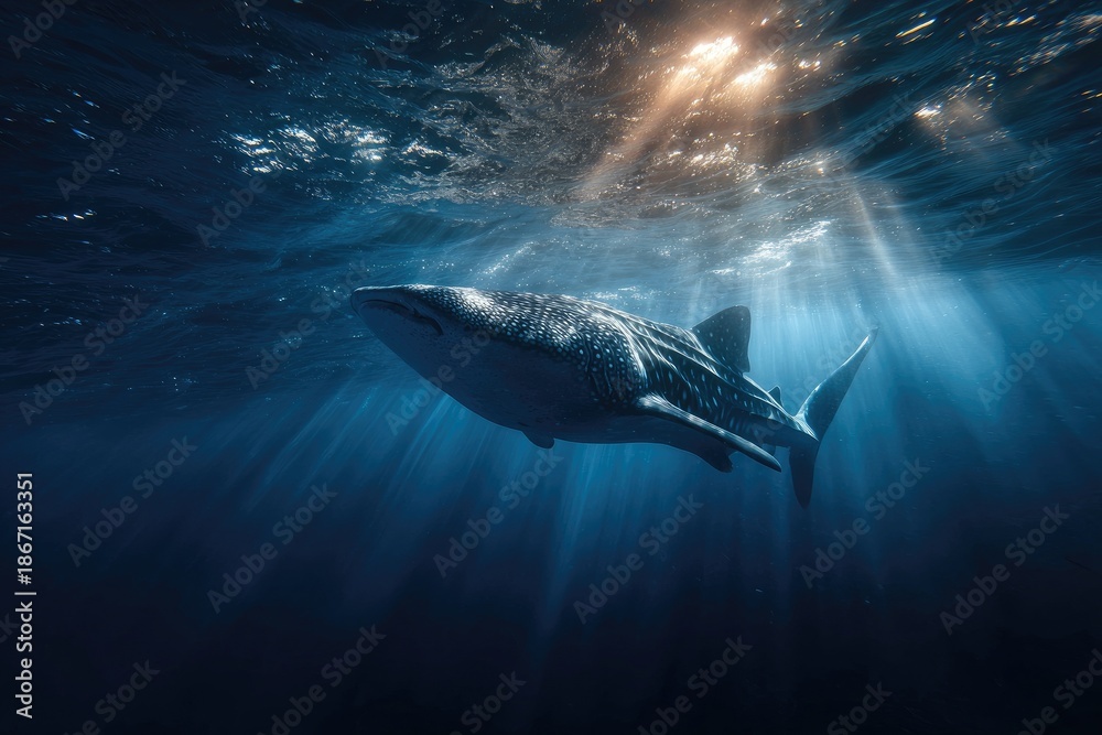 Naklejka premium Giant marine creature gracefully glides underwater with sun rays piercing the surface