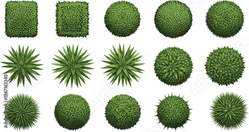 Set of 15 top-down bush and shrub illustrations with varied foliage textures, ideal for landscape and architectural design themes.
