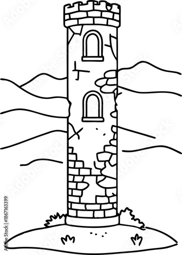 Ancient stone tower with cracks and windows standing on a small hill with distant mountains