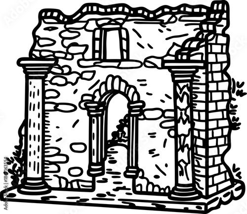 Ancient stone ruins with classical columns and arched doorway, historic architecture remains