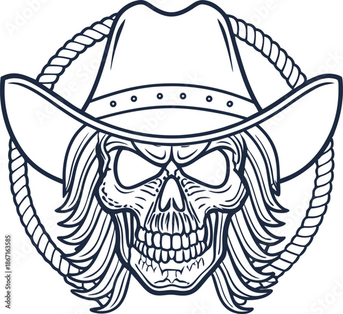 Skull with cowboy hat and long hair inside rope circle design outline illustration