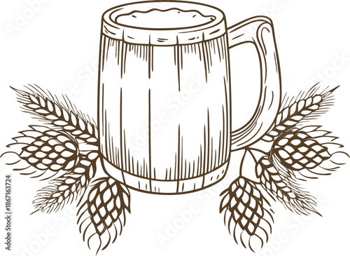 Wooden beer mug with foam surrounded by hop cones and barley stalks illustration