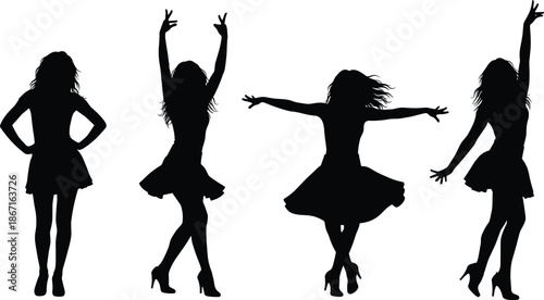 Set of four female dance silhouettes in dynamic poses with dresses and heels, ideal for performance and lifestyle design themes.