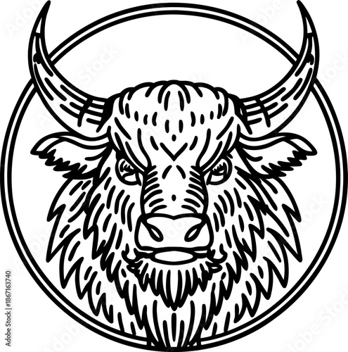 Bull head illustration with long curved horns in circle frame tattoo and emblem design