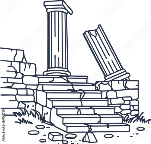 Ancient ruins with broken columns and cracked stone stairs in historical architecture