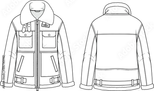 Technical aviator jacket fashion flat sketch showing front and back views isolated on white background for apparel design