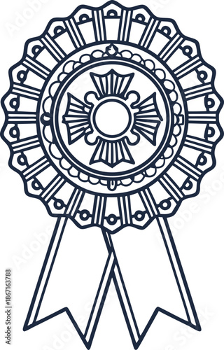 Award ribbon with decorative round medallion and two hanging streamers, emblem design