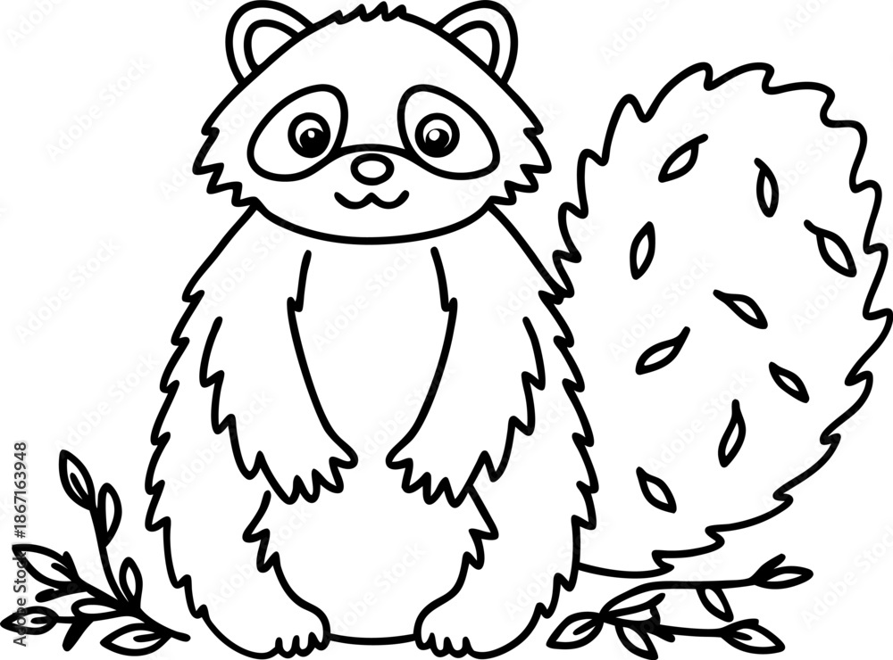 Fototapeta premium Cute raccoon sitting with large fluffy tail and small branches with leaves around it
