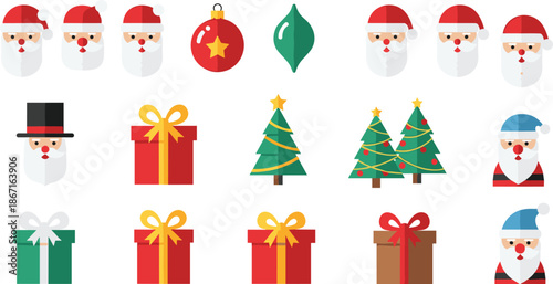 Christmas icons collection, Santa Claus faces, festive ornaments, decorated trees, colorful gift boxes, holiday symbols, seasonal celebration, winter elements, vector set