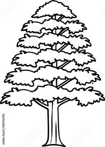 Stylized tree outline with layered branches and foliage in black and white