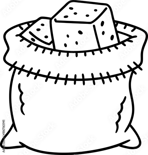Bag filled with sugar cubes, simple black and white illustration of sweetener container