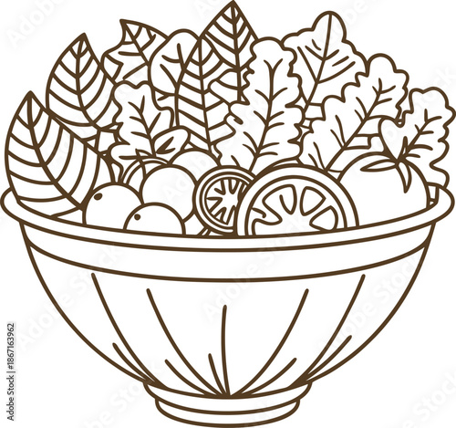 Fresh vegetable salad bowl with leafy greens, tomatoes, and citrus slices outlined drawing