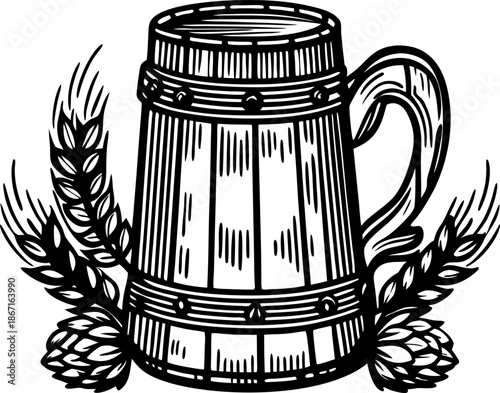 Wooden beer mug surrounded by barley and hop cones vintage illustration