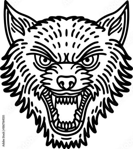 Ferocious wolf head snarling with open mouth and sharp teeth, detailed black and white illustration