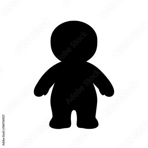 Simple, minimalist black silhouette of a humanoid figure standing on white background