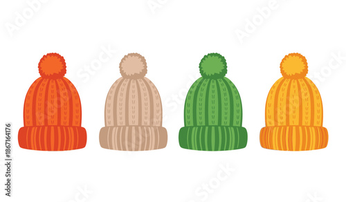 Four colorful knit hats in red, beige, green, and orange