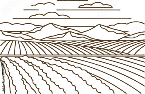 Agricultural farmland with rolling hills and mountain range under cloudy sky outline drawing