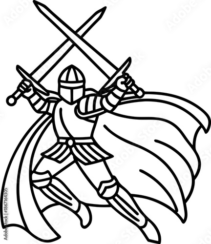 Knight with cape and crossed swords in battle stance, medieval armor warrior illustration