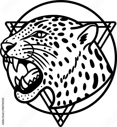 Roaring leopard head graphic with geometric circular and triangular background design